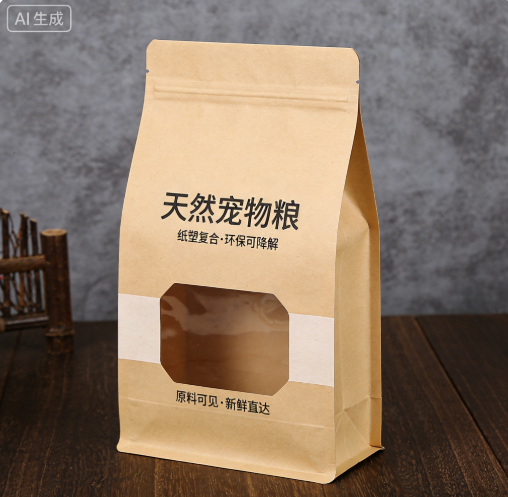 紙塑復合八邊封袋 環保寵物糧包裝 牛皮紙質感 可定制開窗